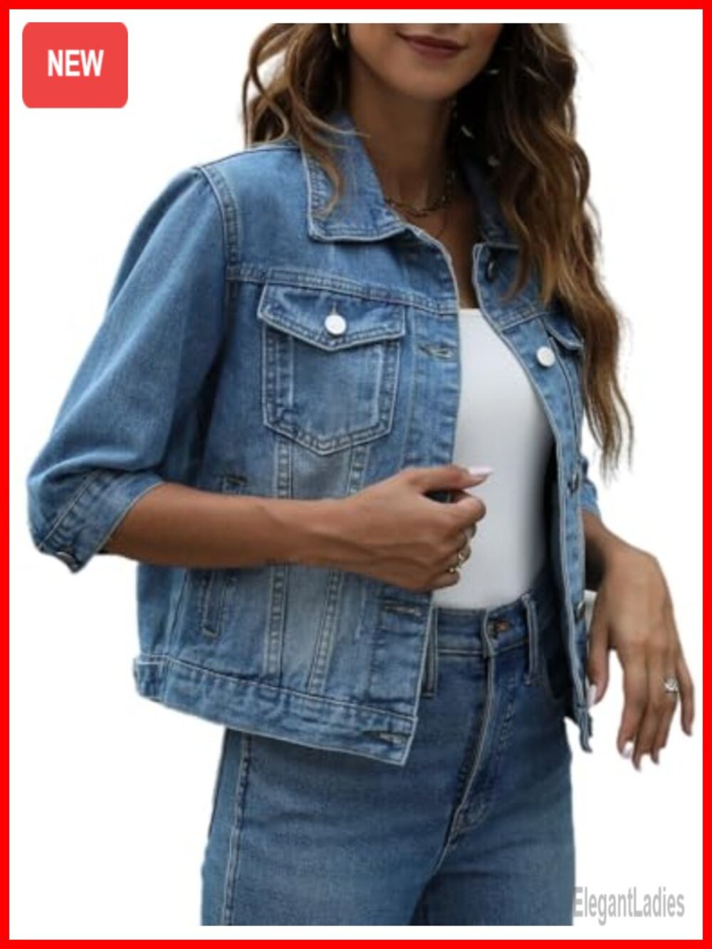 Women's Cropped Denim Jacket 3/4 Sleeve Distressed Button Down Casual Jean Coat